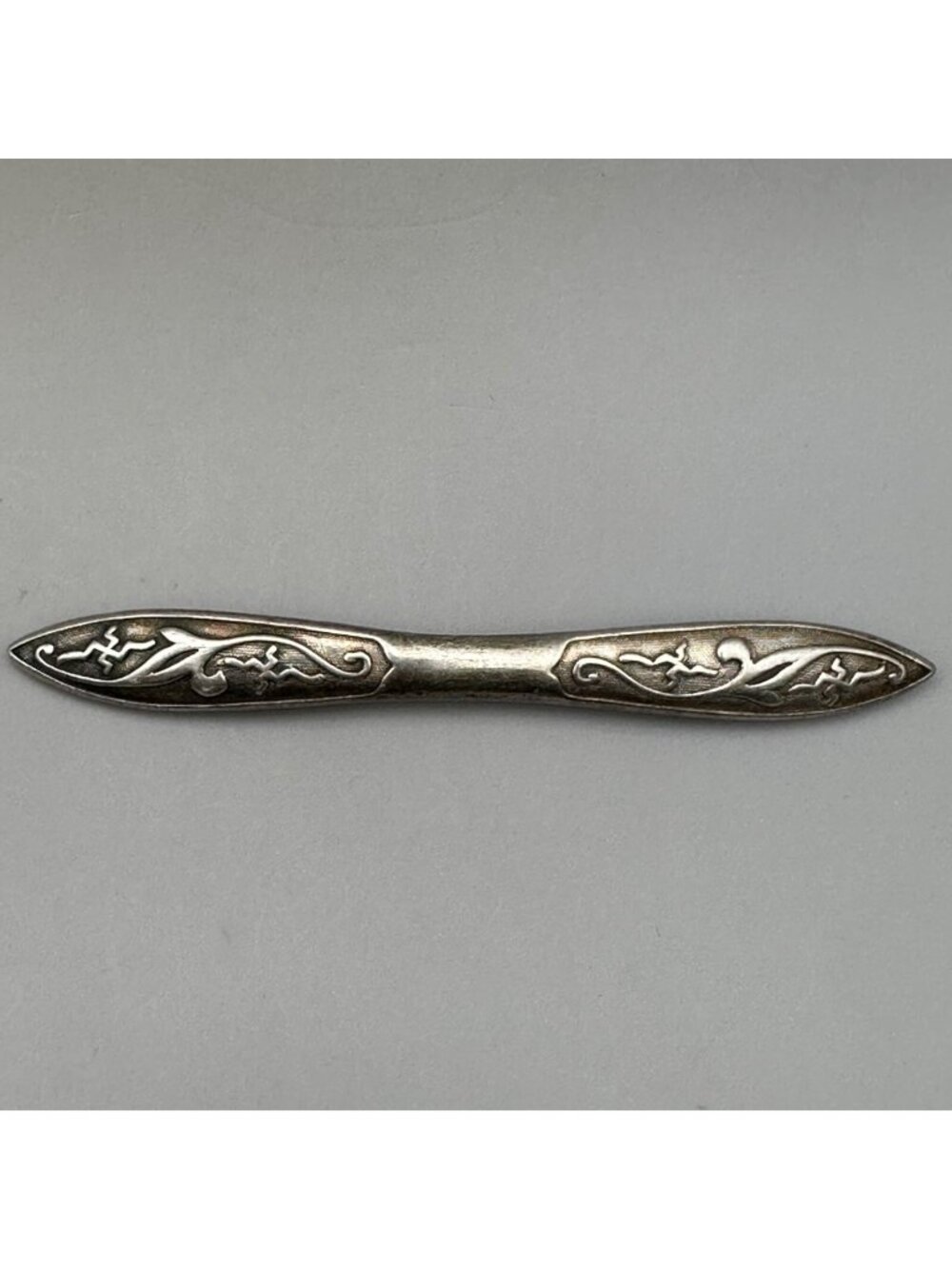 Antique Silver Elongated Brooch Intricate Engraved Design Chinese Markings